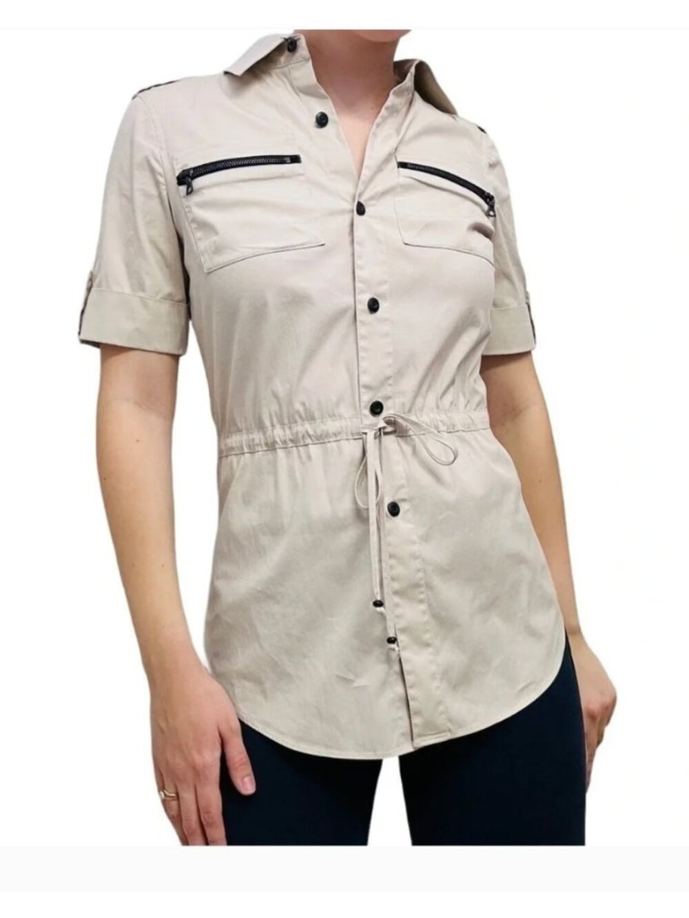 St. John cotton blend safari shirt drawstring waist zippered cargo pockets